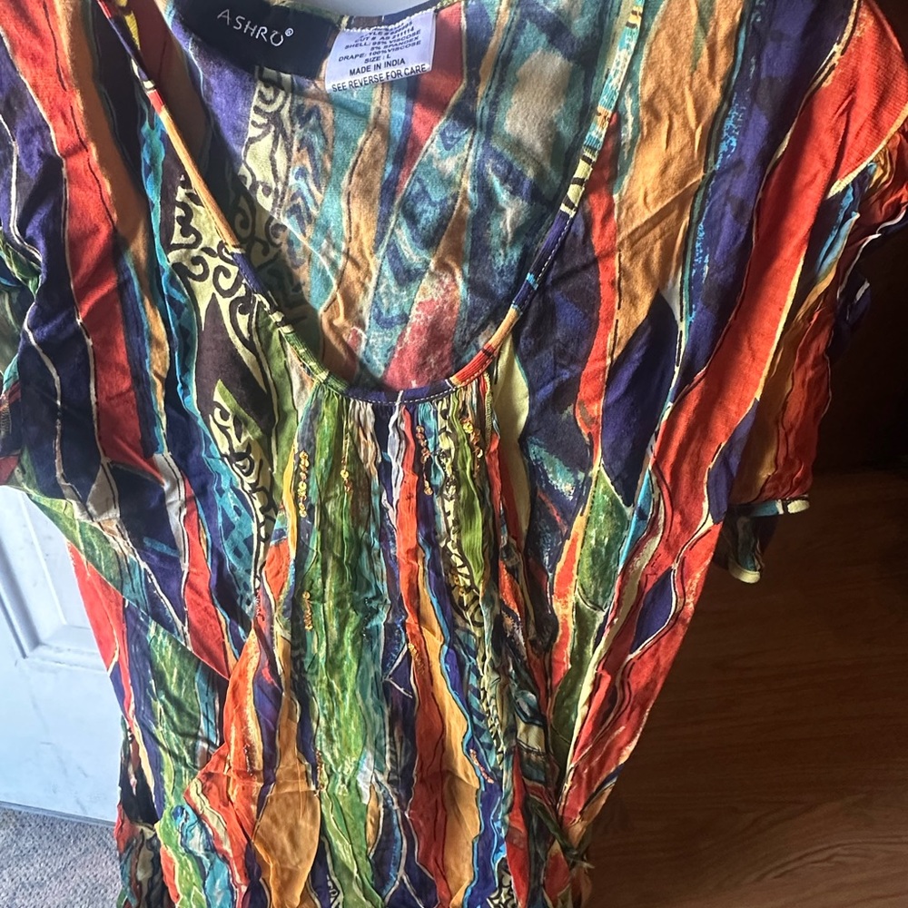 Ashro Multicolor Striped Crinkle Scoop-Neck Tunic with Bold Hues